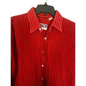 Men's Large Red Striped Flannel Shirt Cotton Long Sleeve Made in USA 90s Vintage